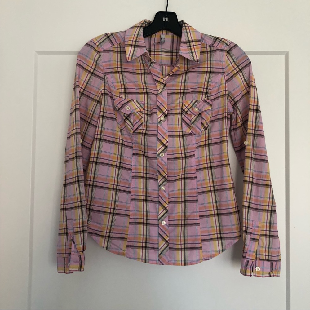Old Navy Pink Yellow Plaid Stripes Cotton Convertible Long Sleeves Top Shirt XS